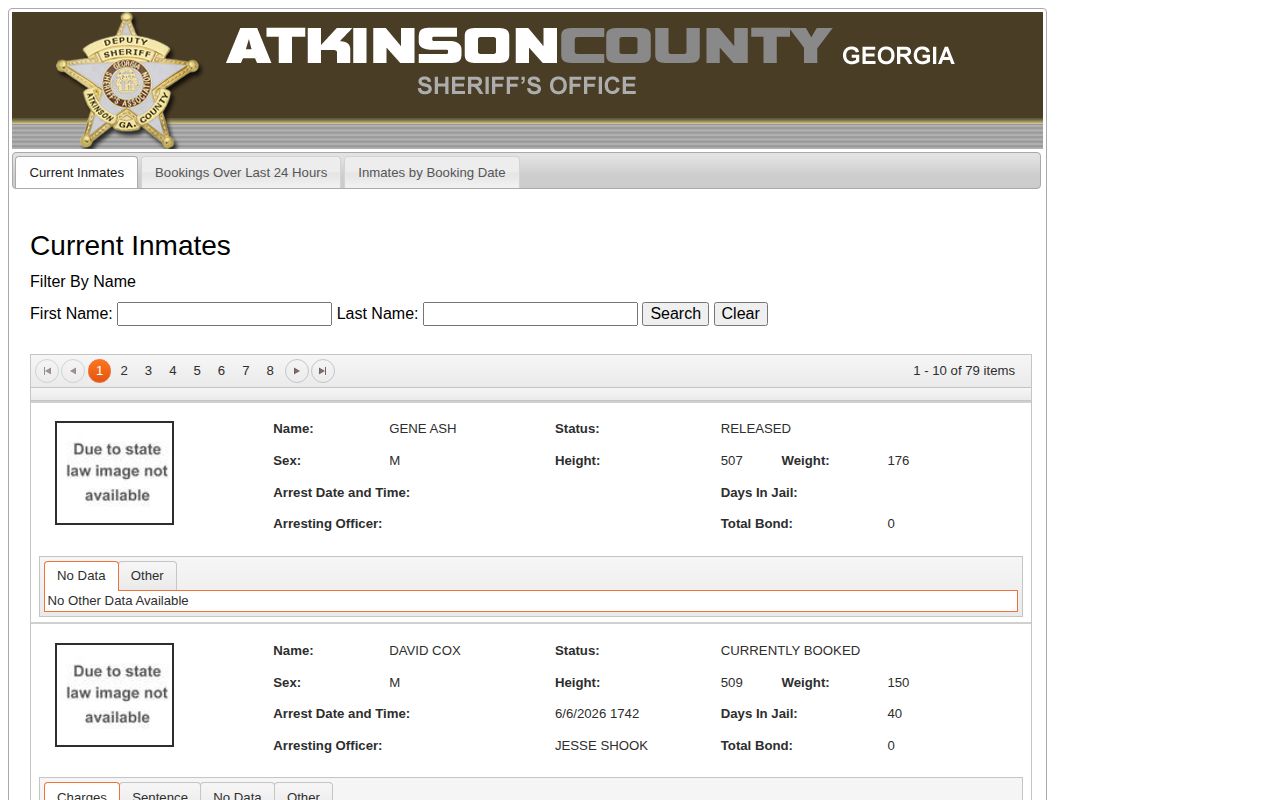 Atkinson Offender Index current inmate and booking interface