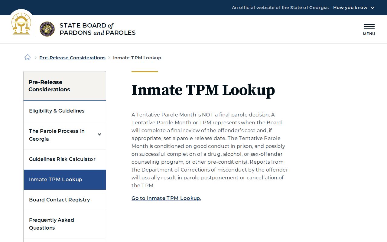 Georgia Parole Board TPM lookup information for an Atkinson County state inmate
