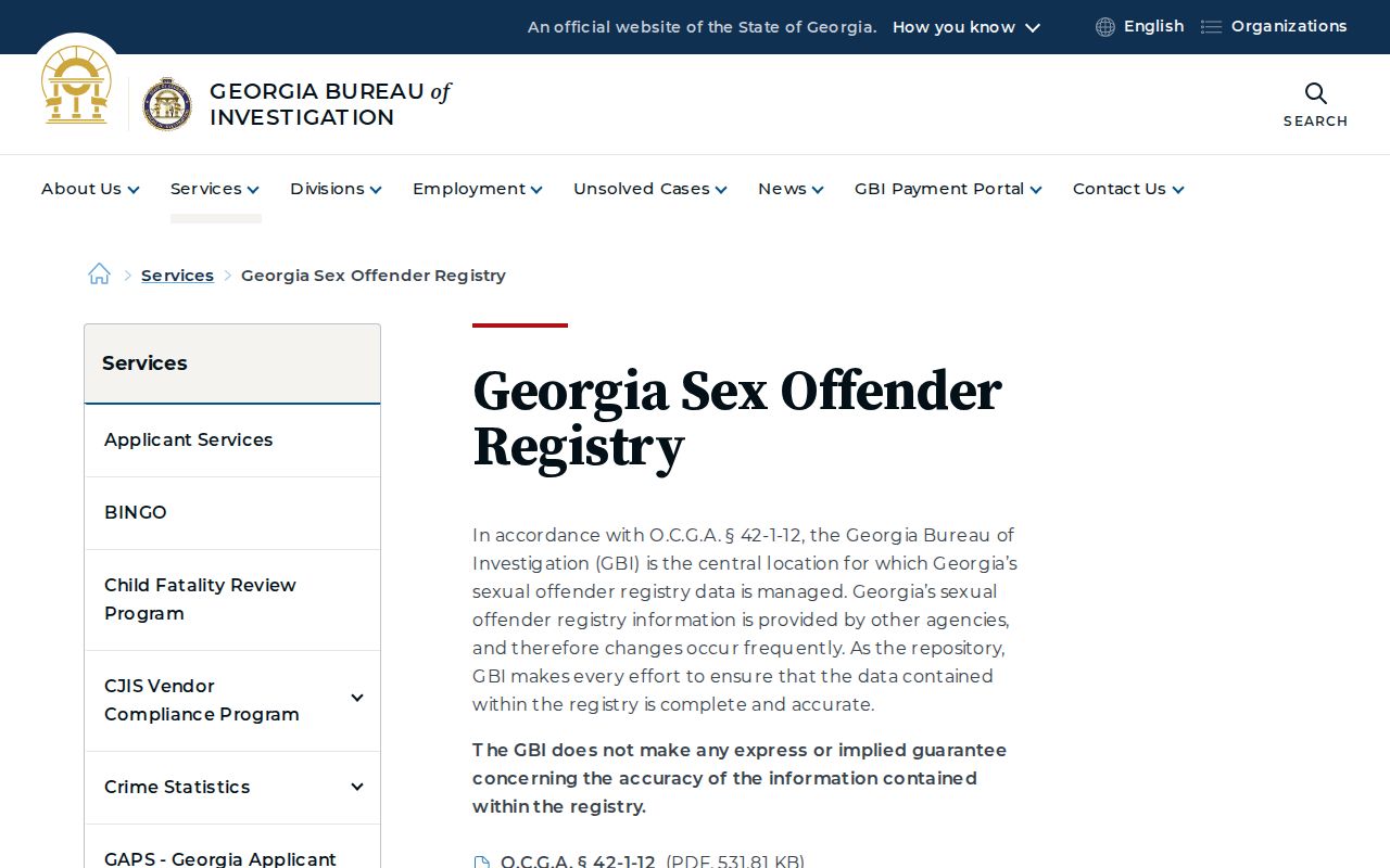 Georgia Bureau of Investigation Sex Offender Registry page